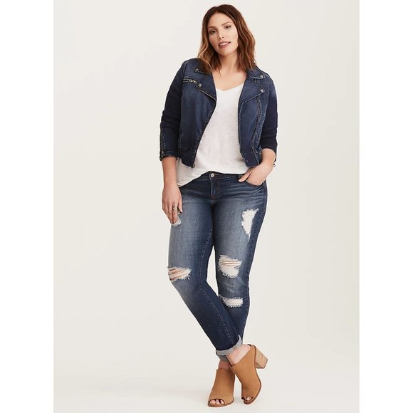 TORRID Dark Wash Indigo Stretch Denim Moto Jean Jacket sz 3X Womens Plus Trucker - Picture 12 of 13